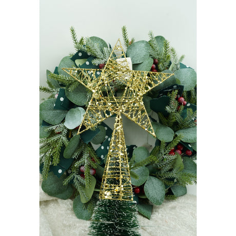 Varf decorativ de brad, Auriu, in forma de Stea, infasurata, din Plastic/Metal, 20 cm x 28 cm, Interior/Exterior, Vivimall - vivimall.ro