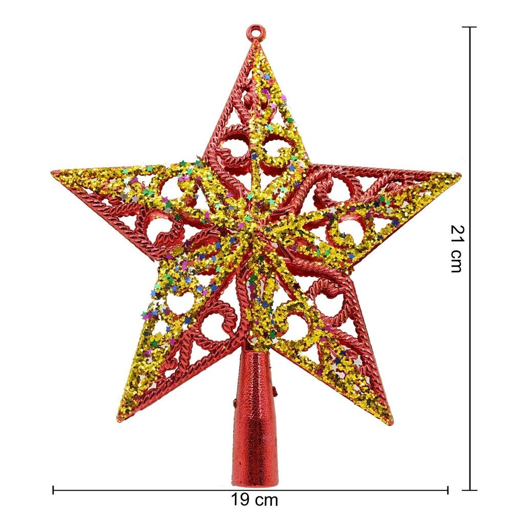 Varf decorativ de brad, Rosu/ Auriu, in forma de Stea, design spiralat, din Plastic, 19 cm x 21 cm, Interior/Exterior, Vivimall - vivimall.ro