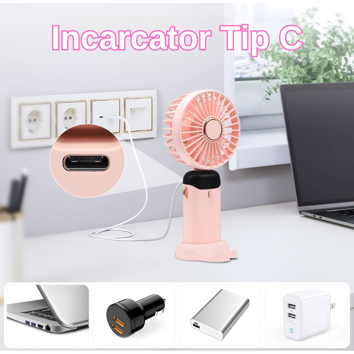 Ventilator Ultra Portabil Cu Aromaterapie, 3 In 1, De Mana, De Birou, De Gat, 5 Trepte De Viteza, Incarcare Usb, Autonomie 12H, Pliabil, Cu Ecran Lcd