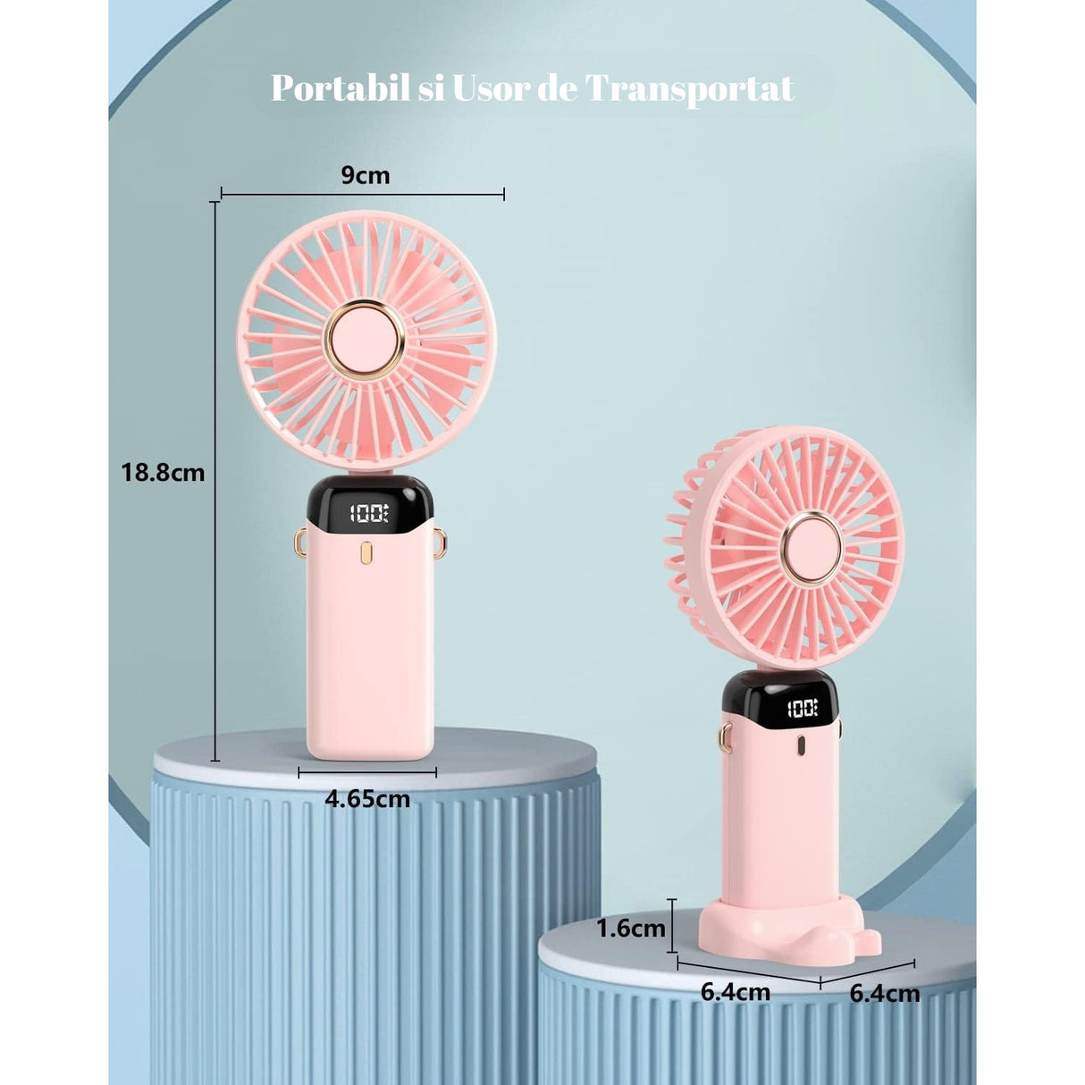 Ventilator Ultra Portabil Cu Aromaterapie, 3 In 1, De Mana, De Birou, De Gat, 5 Trepte De Viteza, Incarcare Usb, Autonomie 12H, Pliabil, Cu Ecran Lcd