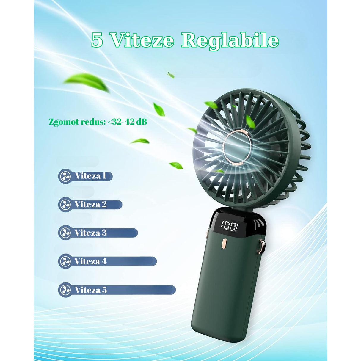 Ventilator Ultra Portabil Cu Aromaterapie, 3 In 1, De Mana, De Birou, De Gat, 5 Trepte De Viteza, Incarcare Usb, Autonomie 12H, Pliabil, Cu Ecran Lcd