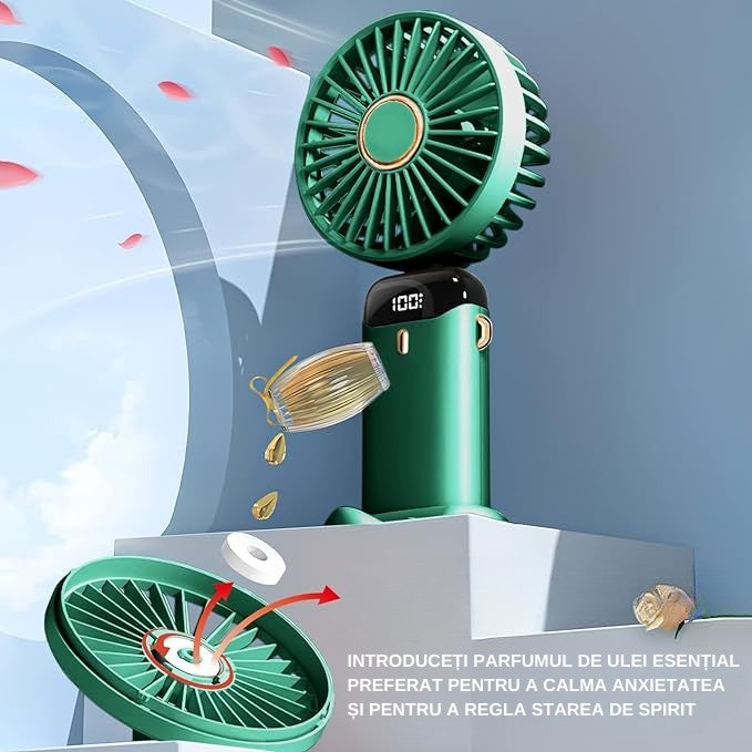 Ventilator Ultra Portabil Cu Aromaterapie, 3 In 1, De Mana, De Birou, De Gat, 5 Trepte De Viteza, Incarcare Usb, Autonomie 12H, Pliabil, Cu Ecran Lcd
