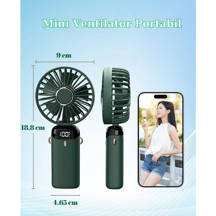 Ventilator Ultra Portabil Cu Aromaterapie, 3 In 1, De Mana, De Birou, De Gat, 5 Trepte De Viteza, Incarcare Usb, Autonomie 12H, Pliabil, Cu Ecran Lcd