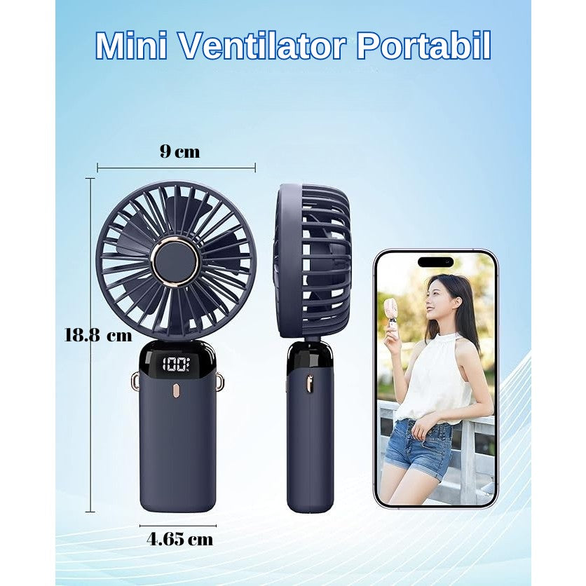 Ventilator Ultra Portabil Cu Aromaterapie, 3 In 1, De Mana, De Birou, De Gat, 5 Trepte De Viteza, Incarcare Usb, Autonomie 12H, Pliabil, Cu Ecran Lcd - vivimall.ro