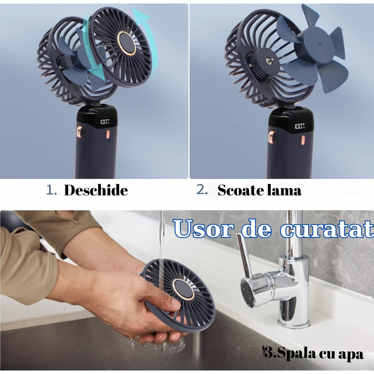 Ventilator Ultra Portabil Cu Aromaterapie, 3 In 1, De Mana, De Birou, De Gat, 5 Trepte De Viteza, Incarcare Usb, Autonomie 12H, Pliabil, Cu Ecran Lcd - vivimall.ro