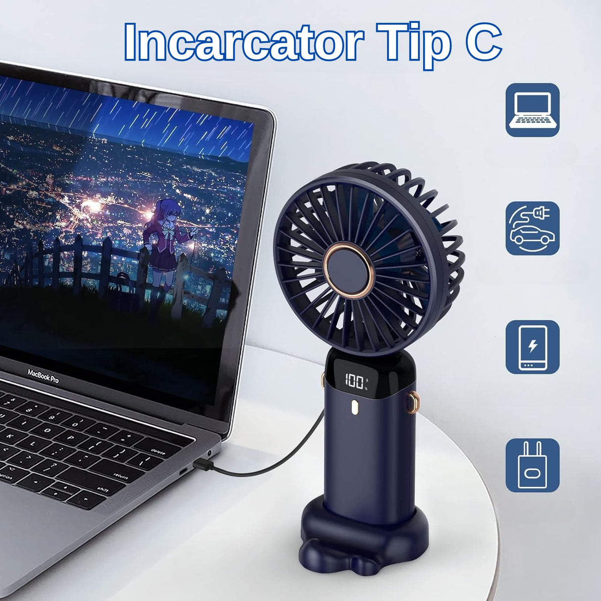Ventilator Ultra Portabil Cu Aromaterapie, 3 In 1, De Mana, De Birou, De Gat, 5 Trepte De Viteza, Incarcare Usb, Autonomie 12H, Pliabil, Cu Ecran Lcd - vivimall.ro