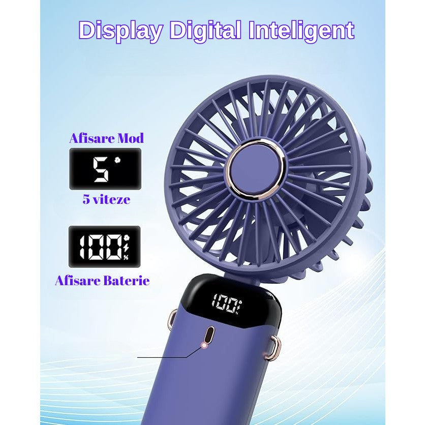 Ventilator Ultra Portabil Cu Aromaterapie, 3 In 1, De Mana, De Birou, De Gat, 5 Trepte De Viteza, Incarcare Usb, Autonomie 12H, Pliabil, Cu Ecran Lcd - vivimall.ro