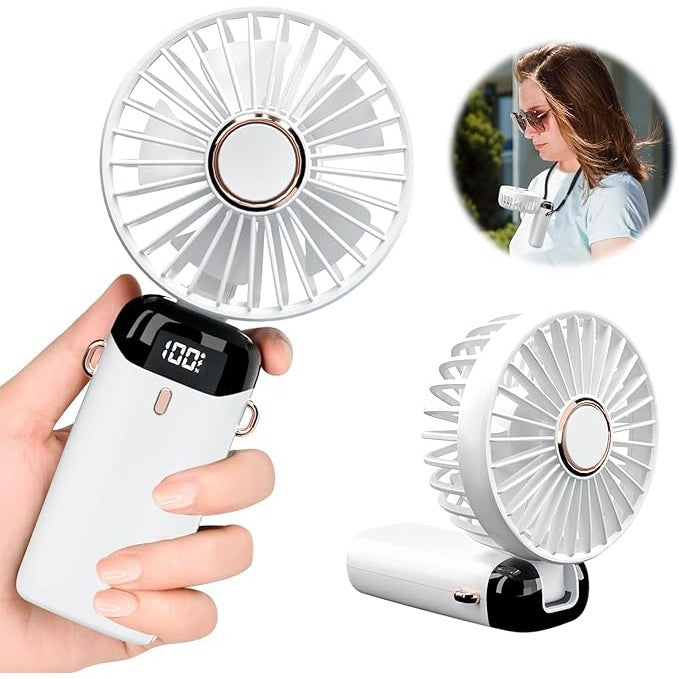 Ventilator Ultra Portabil cu Aromaterapie, Vivimall, 3 in 1, de Mana, de Birou, de Gat, 5 Trepte de Viteza, Incarcare USB, Autonomie 12h, Pliabil, cu Ecran LCD, Alb - vivimall.ro