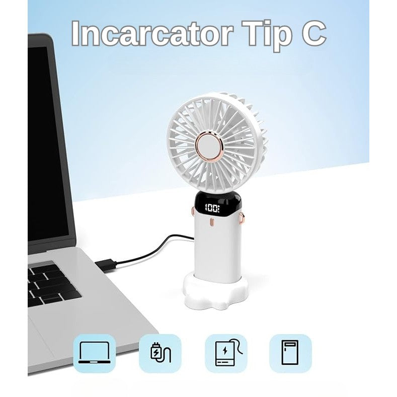 Ventilator Ultra Portabil cu Aromaterapie, Vivimall, 3 in 1, de Mana, de Birou, de Gat, 5 Trepte de Viteza, Incarcare USB, Autonomie 12h, Pliabil, cu Ecran LCD, Alb - vivimall.ro