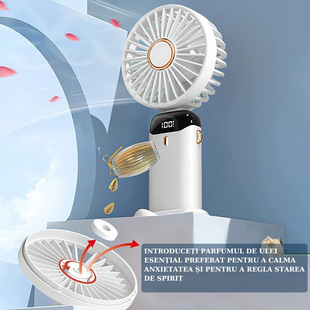 Ventilator Ultra Portabil Cu Aromaterapie, 3 In 1, De Mana, De Birou, De Gat, 5 Trepte De Viteza, Incarcare Usb, Autonomie 12H, Pliabil, Cu Ecran Lcd - vivimall.ro