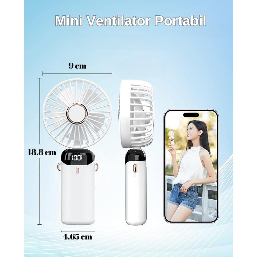 Ventilator Ultra Portabil Cu Aromaterapie, 3 In 1, De Mana, De Birou, De Gat, 5 Trepte De Viteza, Incarcare Usb, Autonomie 12H, Pliabil, Cu Ecran Lcd - vivimall.ro