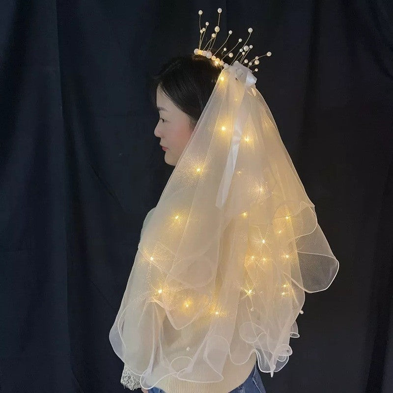 Voal Luminos cu Coronita, Vivimall, Lumina Alb Cald, pentru Serbari Copii, Petrecerea Burlacitelor, Marime universala, Lumina LED, Alb - vivimall.ro