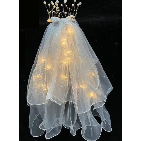 Voal Luminos cu Coronita, Vivimall, Lumina Alb Cald, pentru Serbari Copii, Petrecerea Burlacitelor, Marime universala, Lumina LED, Alb - vivimall.ro