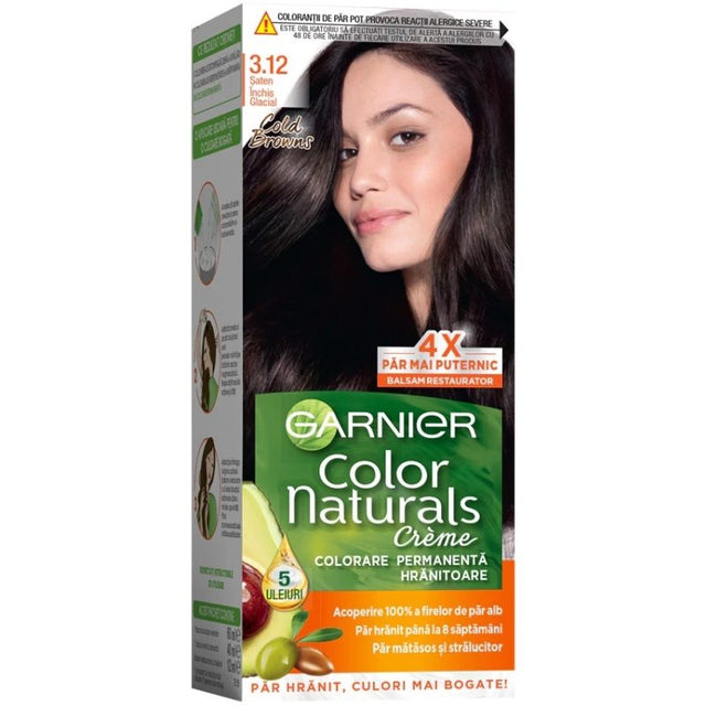 Vopsea de păr Garnier Color Naturals nuanța 3.12 Șaten Închis Glacial, vedere frontală ambalaj