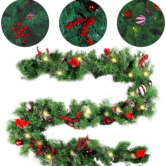 Ghirlanda de Craciun, Vivimall, din Brad Artificial cu Decoratiuni, cu Baterii, 50 LED-uri, 270 cm, Verde - vivimall.ro