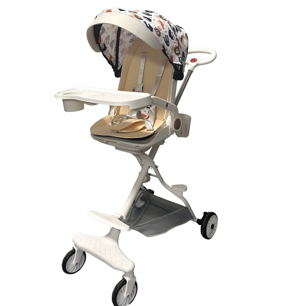 Carucior Sport Vivimall 3in1, 6-36 Luni, Reversibil, Pliabil, Tavita pentru Masa, Pozitie de Somn, Centura de Siguranta, Roti 360, Suport Pahar, Copertina pentru Soare, 32x63x95cm, Crem Model Jungla - vivimall.ro