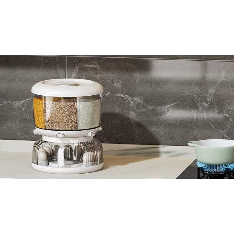 Dozator etajat de cereale Vivimall, rotativ 360, 6 compartimente, capacitate 10L, cofrag special pentru oua, vas pentru scurgerea cerealelor, 35x27.5 cm, alb - vivimall.ro