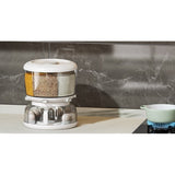 Dozator etajat de cereale Vivimall, rotativ 360, 6 compartimente, capacitate 10L, cofrag special pentru oua, vas pentru scurgerea cerealelor, 35x27.5 cm, alb - vivimall.ro