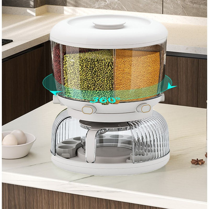 Dozator etajat de cereale Vivimall, rotativ 360, 6 compartimente, capacitate 10L, cofrag special pentru oua, vas pentru scurgerea cerealelor, 35x27.5 cm, alb - vivimall.ro