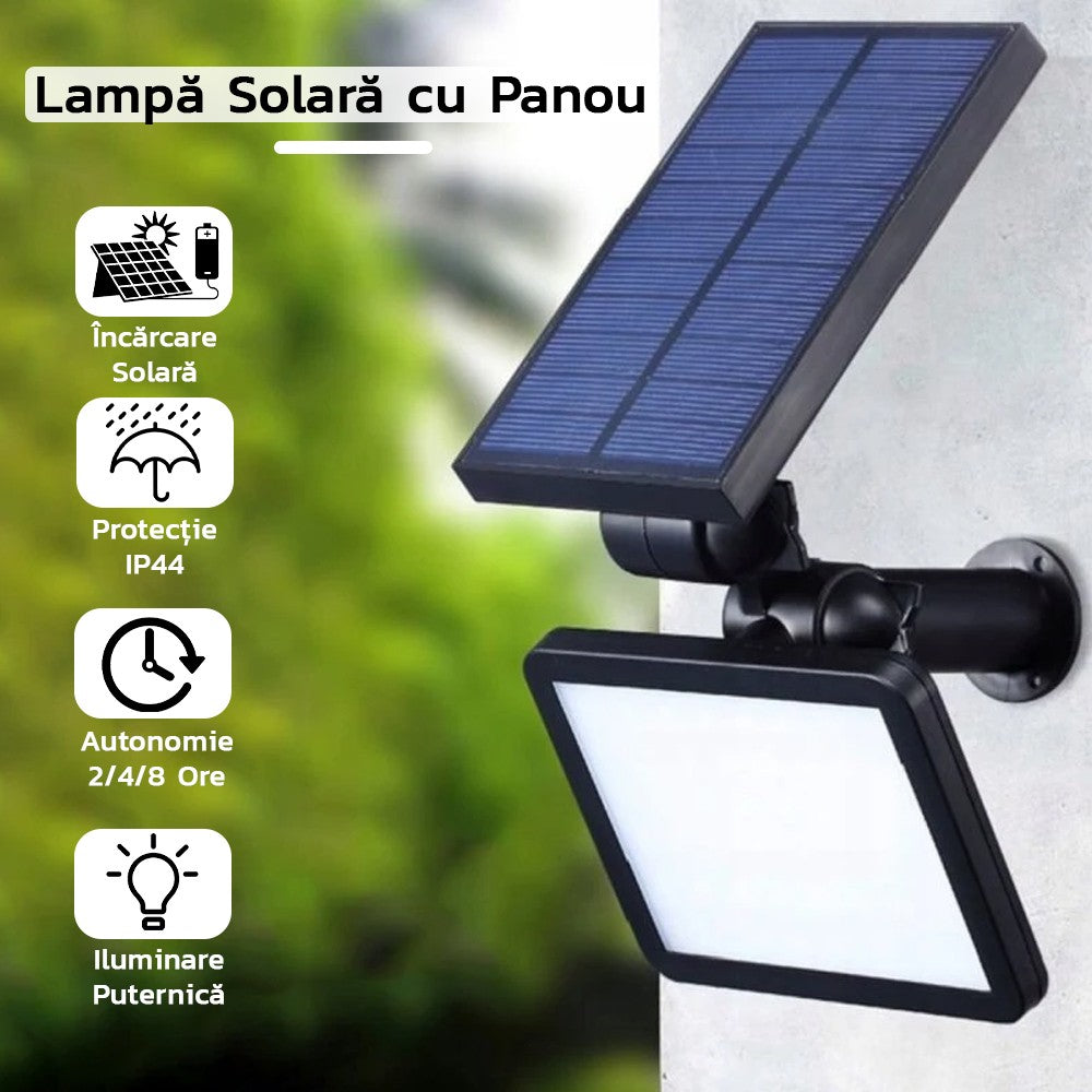 Lampa solara pentru terasa/gradina 48 de LED-uri Vivimall, cu 2 moduri de fixare, senzor de lumina, IP44, material ABS, 5W, 80 lm, 26.5 cm x 14 cm, Alb Rece - vivimall.ro