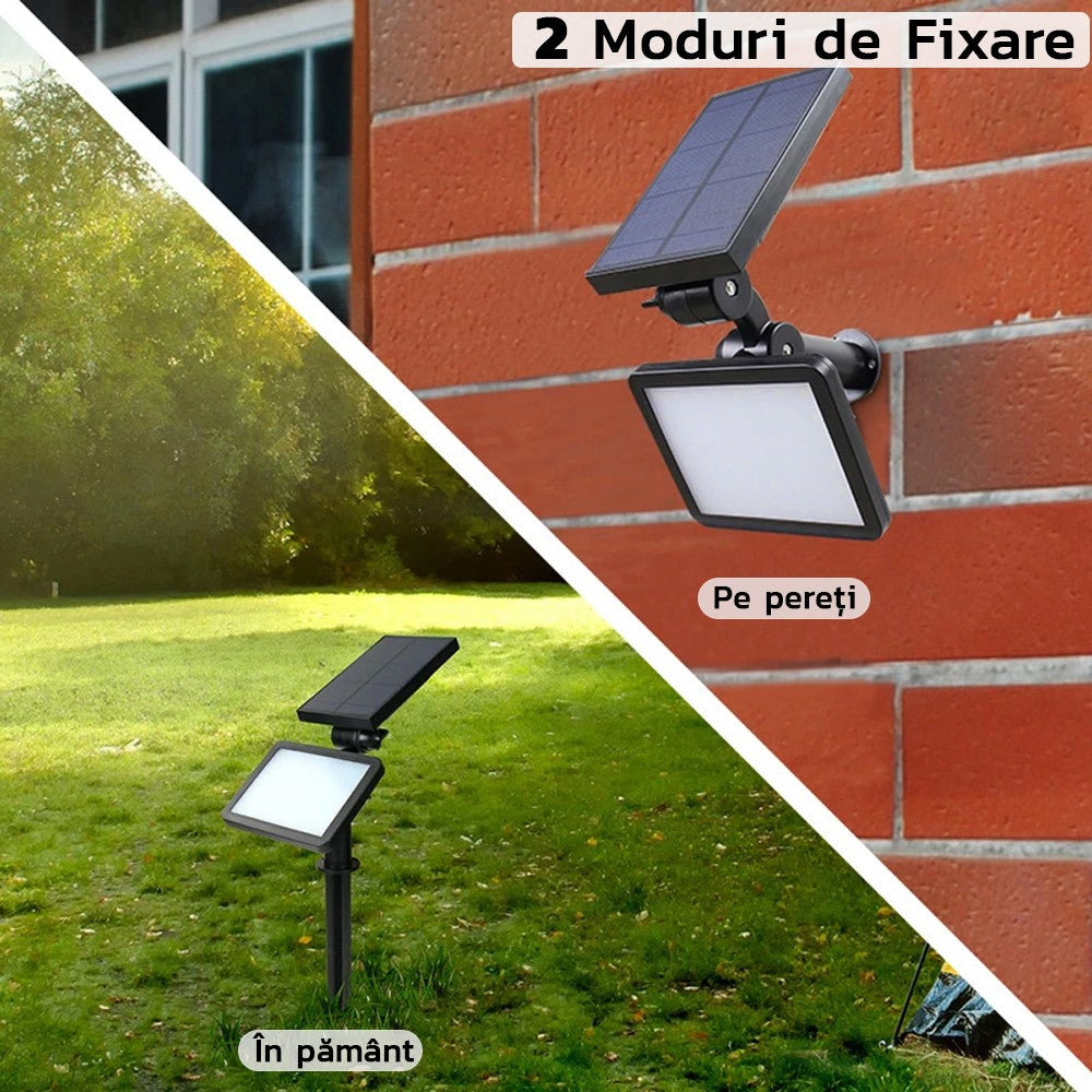Lampa solara pentru terasa/gradina 48 de LED-uri Vivimall, cu 2 moduri de fixare, senzor de lumina, IP44, material ABS, 5W, 80 lm, 26.5 cm x 14 cm, Alb Rece - vivimall.ro