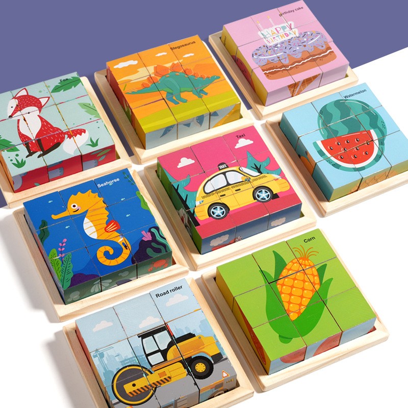 Puzzle din Lemn, Vivimall, 9 Cuburi, 6 Fete, 4-6 Ani, 11 x 11 x 3.2 cm, Model Masini, Multicolor - vivimall.ro