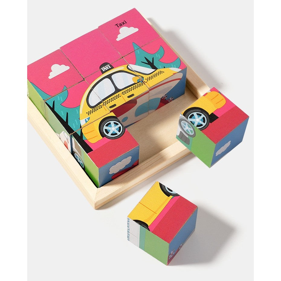 Puzzle din Lemn, Vivimall, 9 Cuburi, 6 Fete, 4-6 Ani, 11 x 11 x 3.2 cm, Model Masini, Multicolor - vivimall.ro