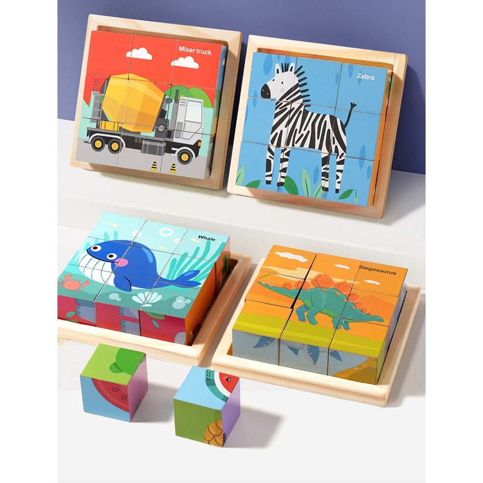 Puzzle din Lemn, Vivimall, 9 Cuburi, 6 Fete, 4-6 Ani, 11 x 11 x 3.2 cm, Model Utilaje, Multicolor - vivimall.ro