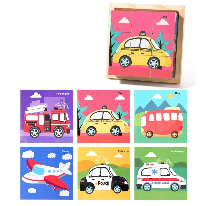 Puzzle din Lemn, Vivimall, 9 Cuburi, 6 Fete, 4-6 Ani, 11 x 11 x 3.2 cm, Model Masini, Multicolor - vivimall.ro