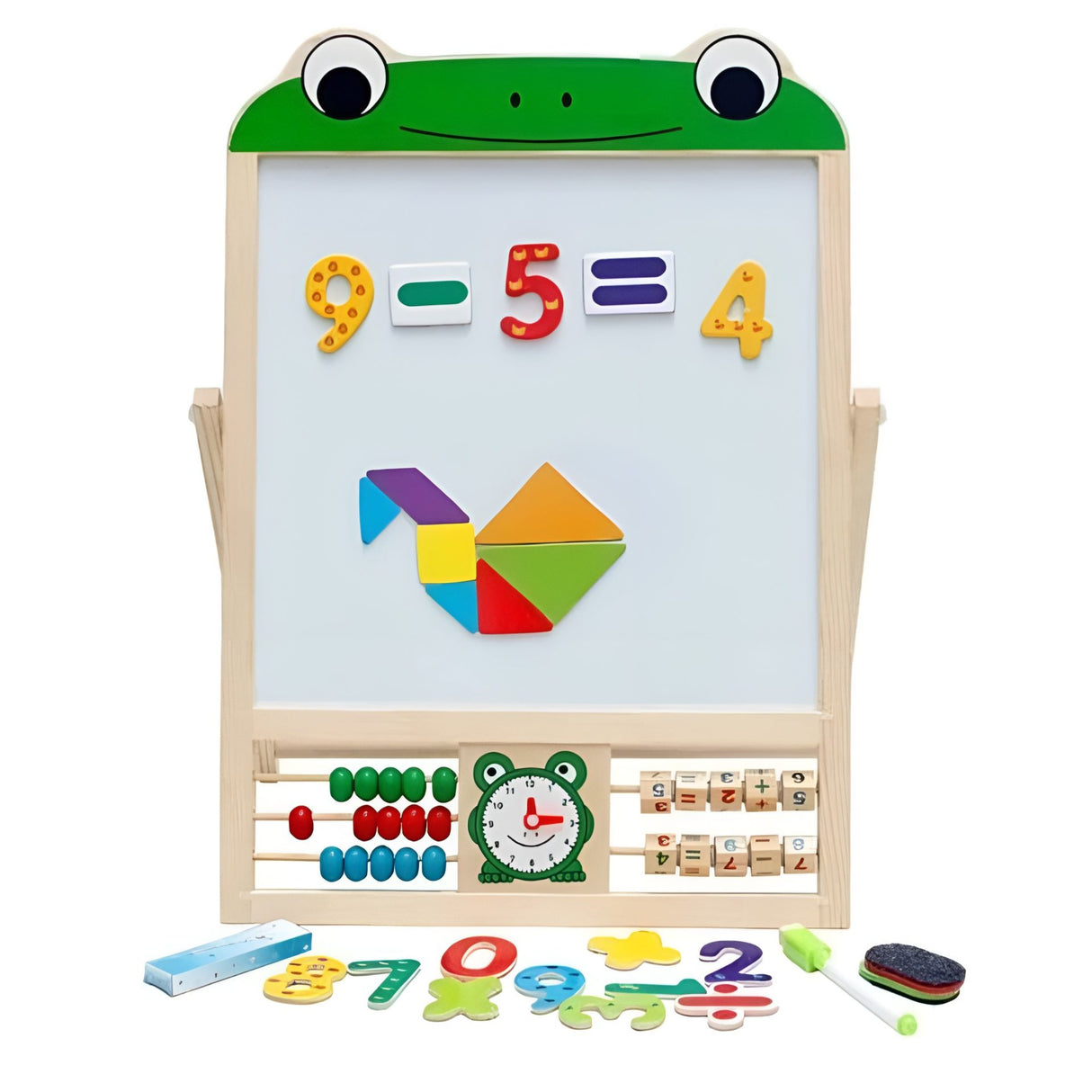 Tabla Educationala Magnetica, Flippy, Pliabila si Creativa, Litere si Cifre Magnetice, Suprafata pentru Creta si Marker, Dezvolta Creativitatea si Logica Matematica, din Lemn Natural, 3 ani+, Verde - vivimall.ro