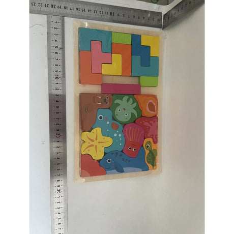 Puzzle Montessori din Lemn pentru Copii, Vivimall, Tip Tetris 2in1 +3 Ani, cu Animale Marine Colorate 3D, Educativ, Intuitiv, Creativ, 21 de Piese, 28.5x17x1.2 cm, Multicolor - vivimall.ro