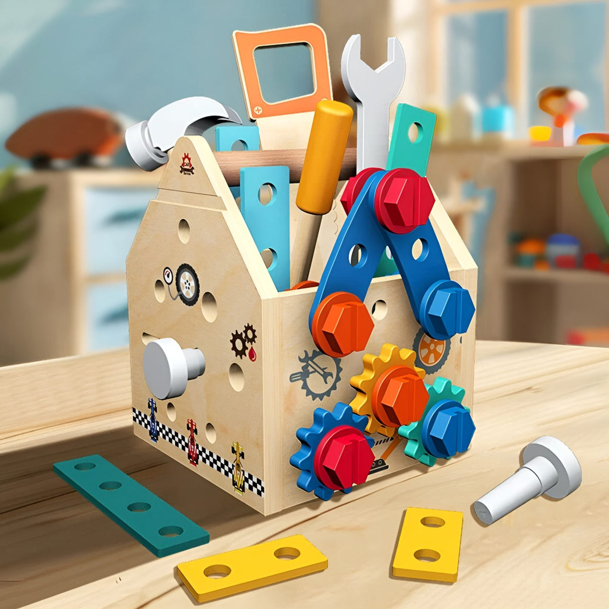Jucarie Educativa Montessori, Flippy, Set de Unelte din Lemn, 2 in 1, Atelier Educativ in Forma de Casuta cu Maner, Dezvolta Motricitatea Fina si Logica, Materiale Eco, 16.5 x 20 cm, 3 ani+, Multicolor - vivimall.ro