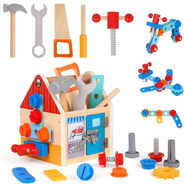 Jucarie Educativa Montessori, Flippy, Set de Unelte din Lemn, 2 in 1, Atelier Educativ in Forma de Casuta cu Maner, Dezvolta Motricitatea Fina si Logica, Materiale Eco, 16.5 x 20 cm, 3 ani+, Multicolor - vivimall.ro