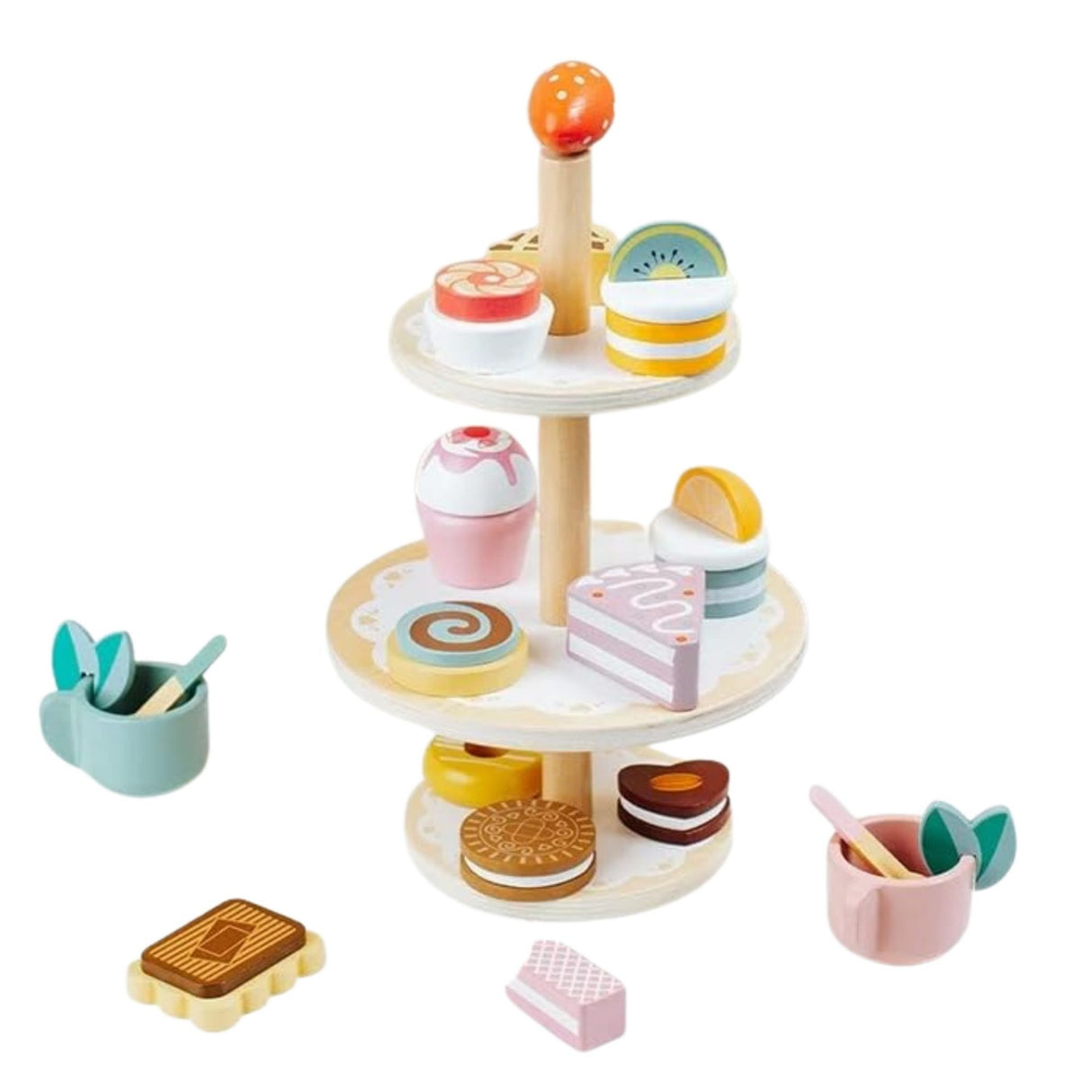 Jucarie Educativa Montessori din Lemn, Flippy, Set de Joaca Interactiv, Model Etajera cu 3 Niveluri pentru Deserturi si Prajituri, Dezvolta Motricitatea si Imaginatia, 3ani+, Multicolor - vivimall.ro