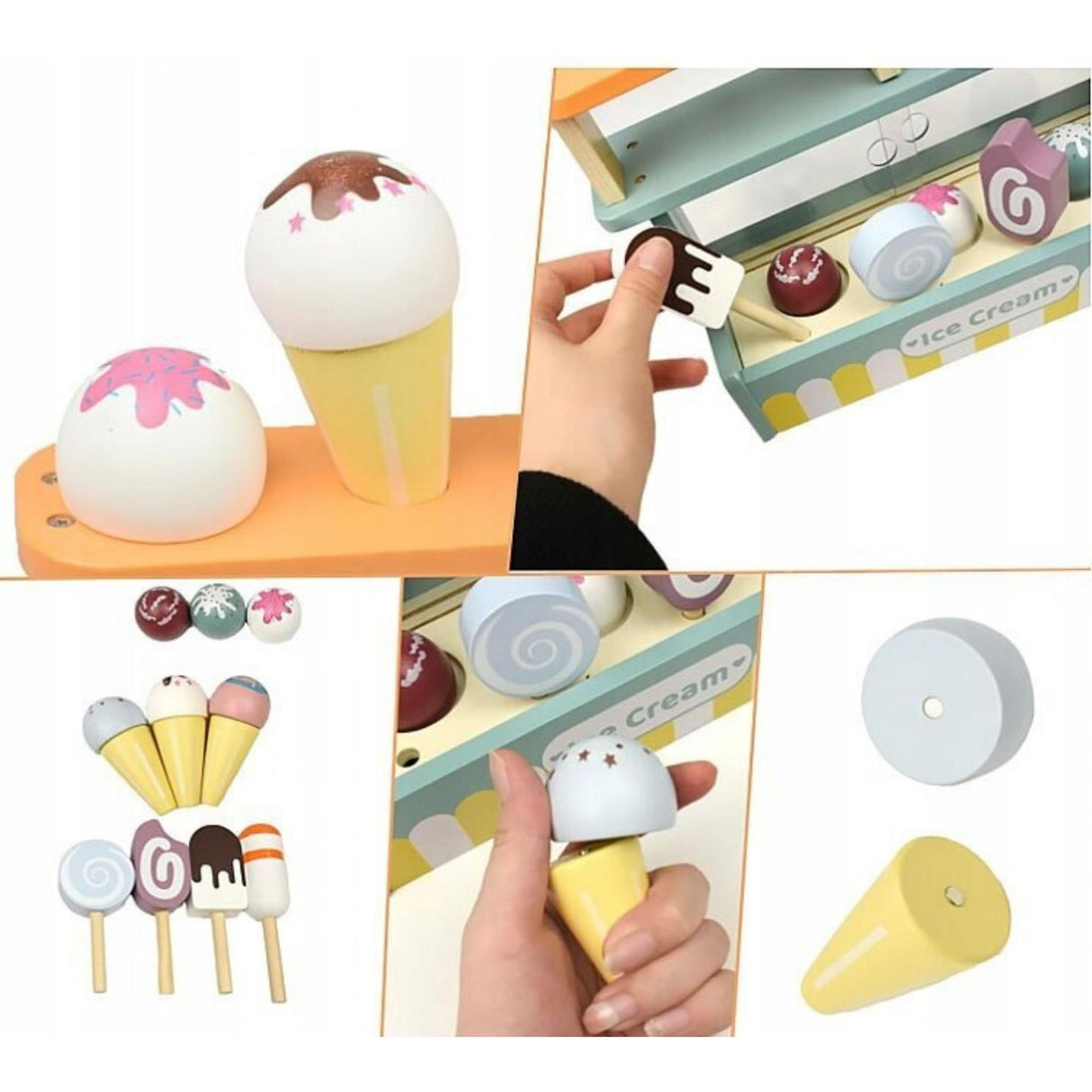 Set de Joaca Montessori, Flippy, Stand de Inghetata din Lemn cu Elemente Magnetice, Jucarie Educativa si Interactiva pentru Copii, Joc de Rol Complet, 3 ani+, Multicolor - vivimall.ro