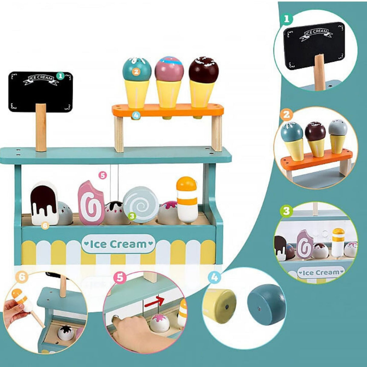 Set de Joaca Montessori, Flippy, Stand de Inghetata din Lemn cu Elemente Magnetice, Jucarie Educativa si Interactiva pentru Copii, Joc de Rol Complet, 3 ani+, Multicolor - vivimall.ro