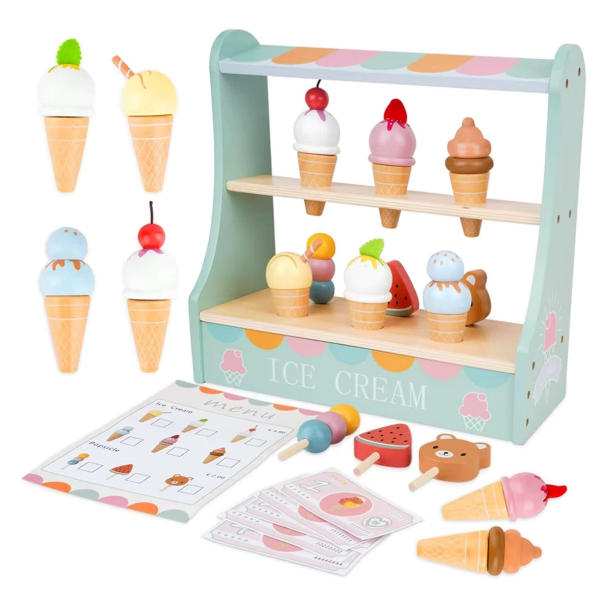 Jucarie Educativa Montessori din Lemn, Flippy, Stand de Inghetata Interactiv cu 25+ Accesorii, Include Meniu si Bani de Jucarie, Dezvolta Motricitatea si Abilitatile Sociale, 3ani+, Multicolor - vivimall.ro