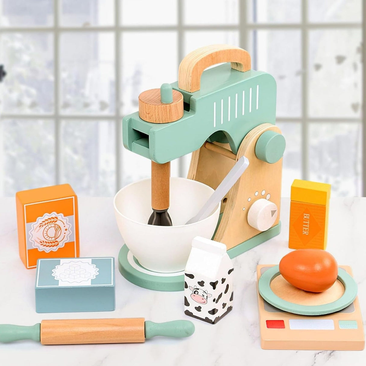 Set de Joaca Educativ, Flippy, Jucarie Montessori Interactiva pentru Gatit, Mixer de Bucatarie din Lemn, Cintar si Ingridiente, 3 ani+, Multicolor - vivimall.ro