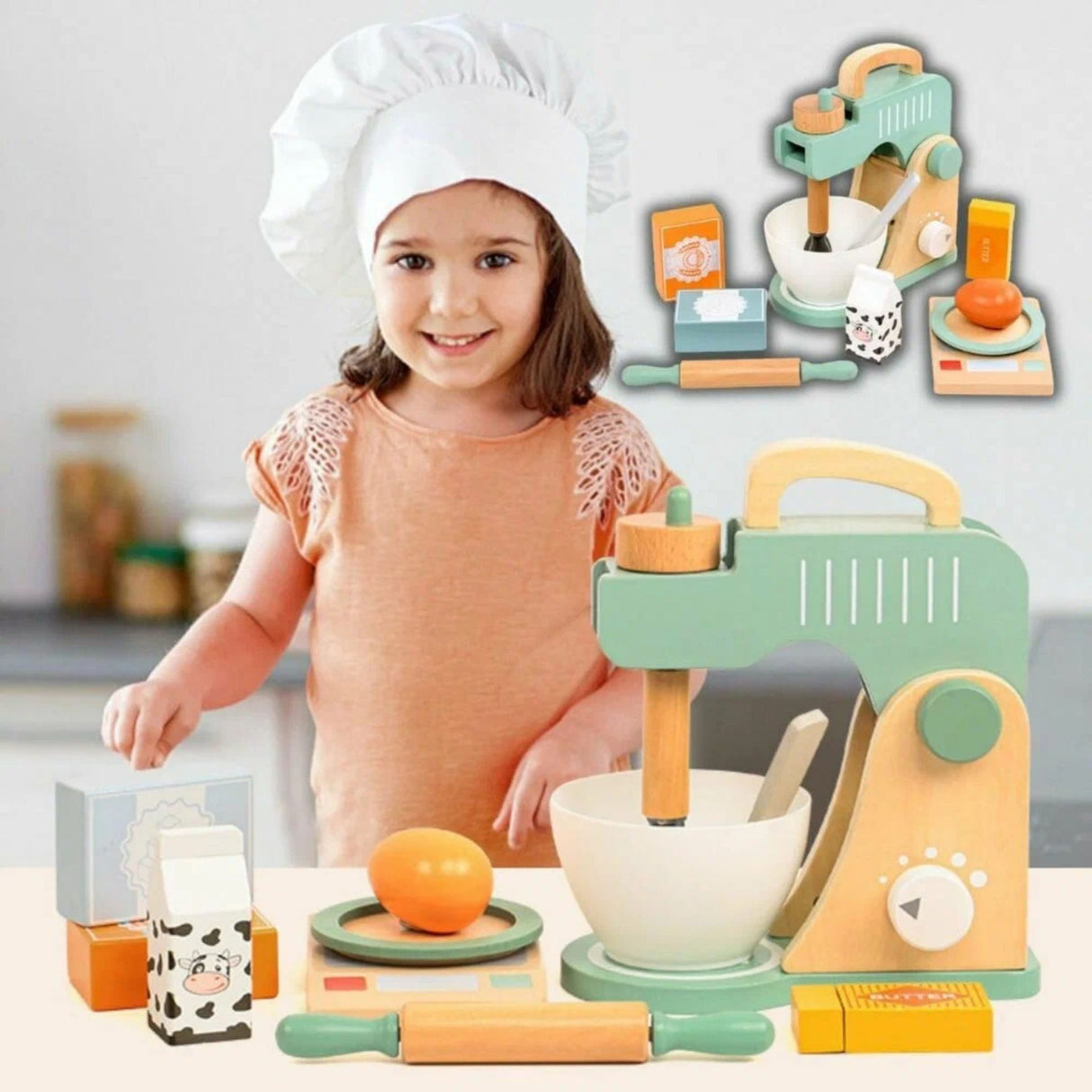 Set de Joaca Educativ, Flippy, Jucarie Montessori Interactiva pentru Gatit, Mixer de Bucatarie din Lemn, Cintar si Ingridiente, 3 ani+, Multicolor - vivimall.ro