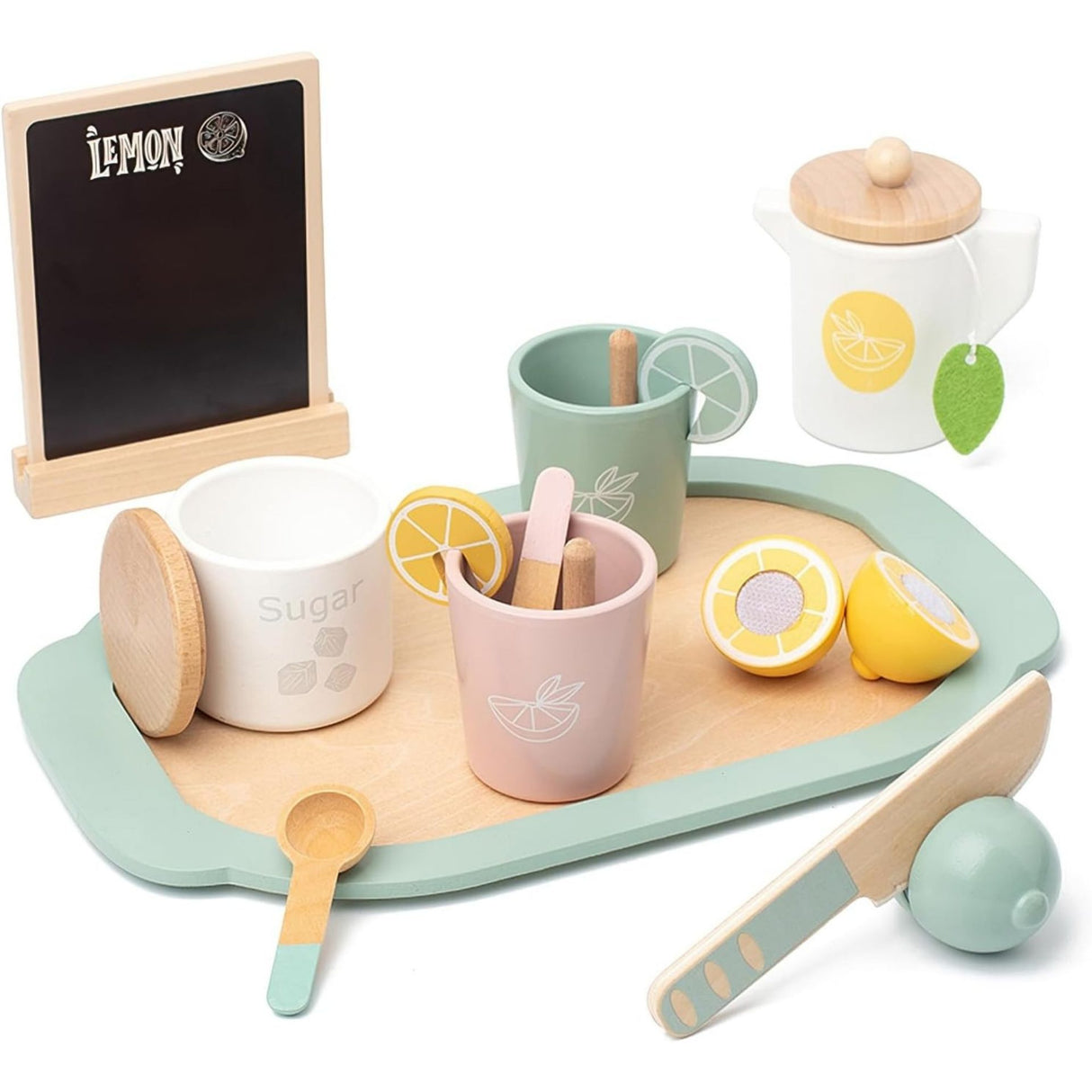 Jucarie Educativa Montessori din Lemn, Flippy, Joc Interactiv Model Lemon Tea cu Accesorii de Bucatarie, Dezvolta Motricitatea Fina, 3ani+, Multicolor - vivimall.ro