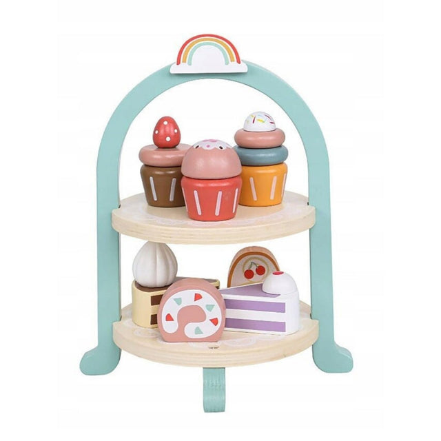 Jucarie Educativa Montessori din Lemn, Flippy, Set de Joaca Interactiv, Model Royal Afternoon Tea cu Etajera 2 Niveluri si Prajituri, Dezvolta Motricitatea si Imaginatia, 3ani+, Multicolor - vivimall.ro