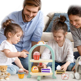 Jucarie Educativa Montessori din Lemn, Flippy, Set de Joaca Interactiv, Model Royal Afternoon Tea cu Etajera 2 Niveluri si Prajituri, Dezvolta Motricitatea si Imaginatia, 3ani+, Multicolor - vivimall.ro