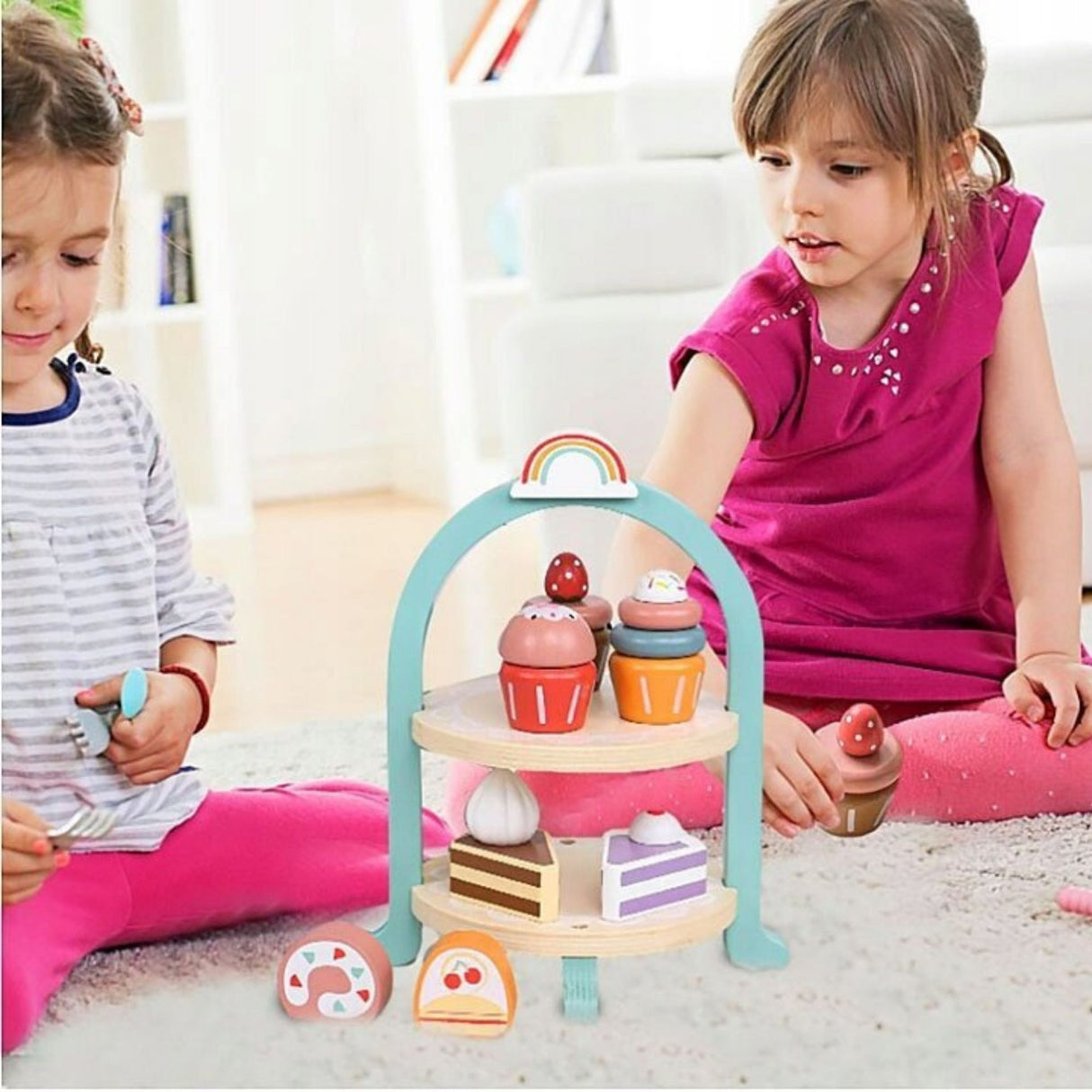 Jucarie Educativa Montessori din Lemn, Flippy, Set de Joaca Interactiv, Model Royal Afternoon Tea cu Etajera 2 Niveluri si Prajituri, Dezvolta Motricitatea si Imaginatia, 3ani+, Multicolor - vivimall.ro