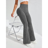 Pantaloni Sport de Dama, Vivimall, pentru Yoga, Talie Inalta, Evazati, Tricotati, Gri Inchis, Marime L - vivimall.ro
