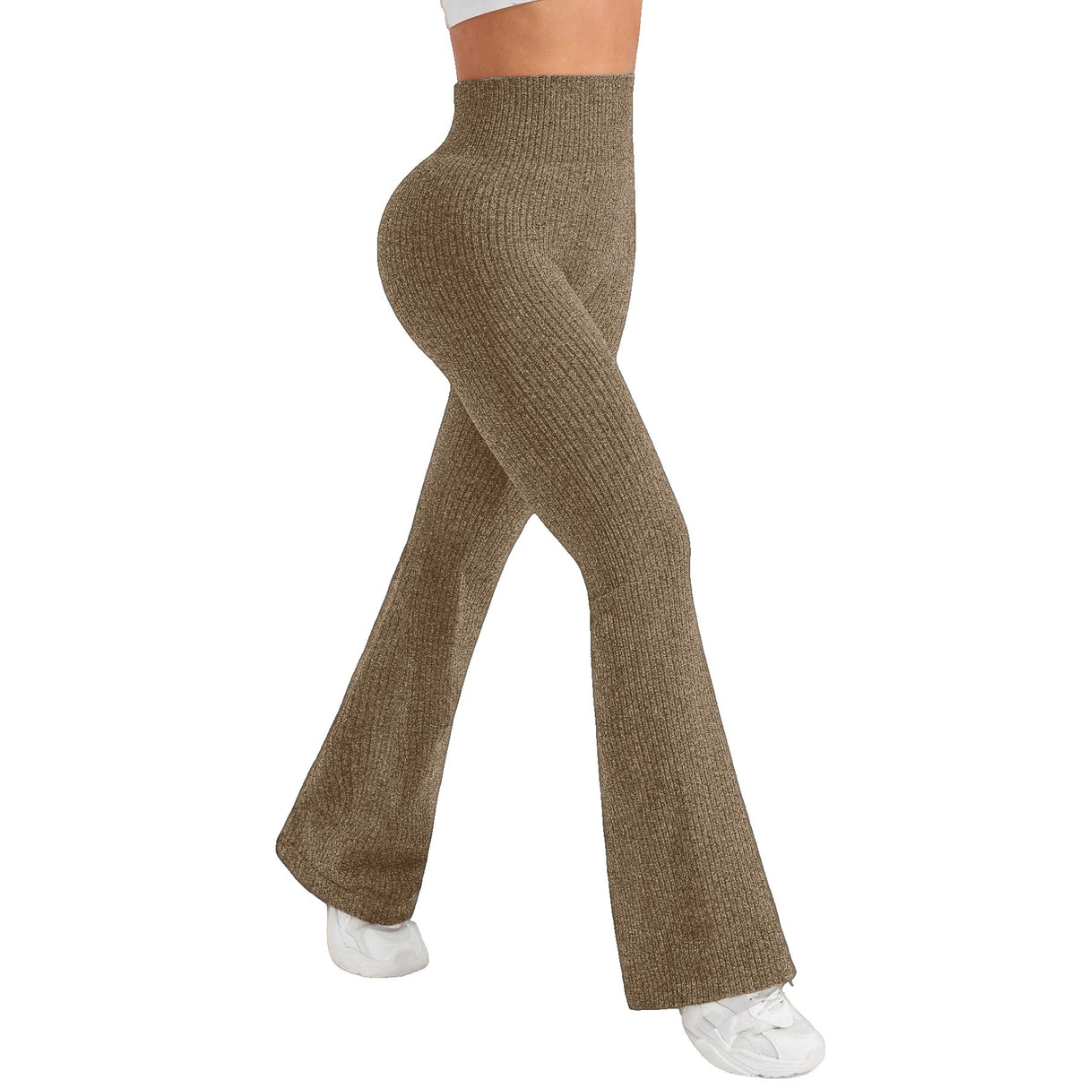 Pantaloni Sport de Dama, Vivimall, pentru Yoga, Talie Inalta, Evazati, Tricotati, Khaki, Marime M - vivimall.ro