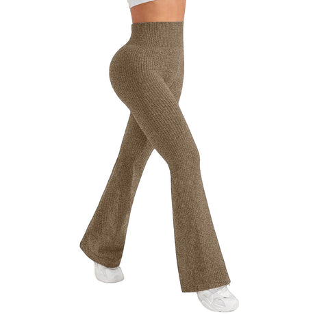 Pantaloni evazați damă Vivimall pentru yoga, talie înaltă fără cusături, culoare khaki, vedere frontală