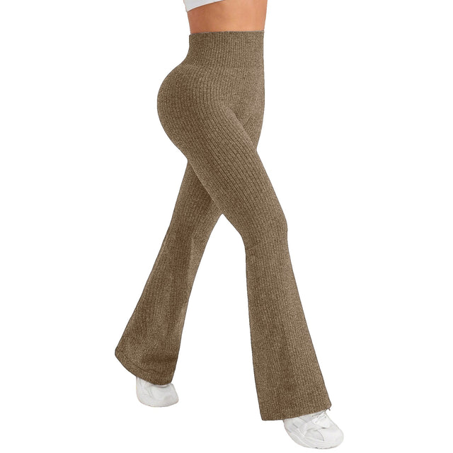 Pantaloni Sport de Dama, Vivimall, pentru Yoga, Talie Inalta, Evazati, Tricotati, Khaki, Marime M - vivimall.ro