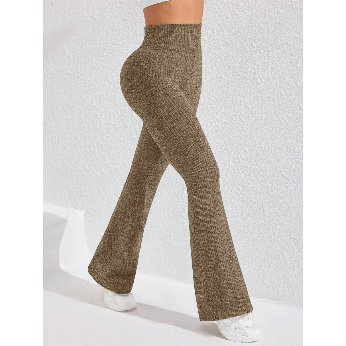 Pantaloni Sport de Dama, Vivimall, pentru Yoga, Talie Inalta, Evazati, Tricotati, Khaki, Marime M - vivimall.ro