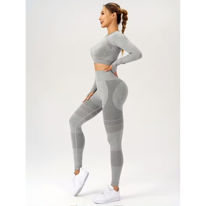 Costum Sport de Dama, Vivimall, pentru Yoga, Talie Inalta, Top Scurt, Elastic, Gri, Marime M - vivimall.ro