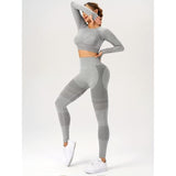 Costum Sport de Dama, Vivimall, pentru Yoga, Talie Inalta, Top Scurt, Elastic, Gri, Marime M - vivimall.ro